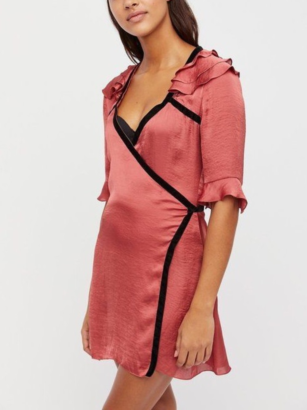 For Love & Lemons Aileen Satin Ruffle Robe Velvet Trim Whimsigoth Pink SizeSmall